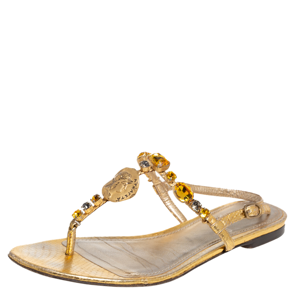 Dolce & Gabbana Gold Snakeskin Coin and Crystal Embellished Thong Flats Size 39