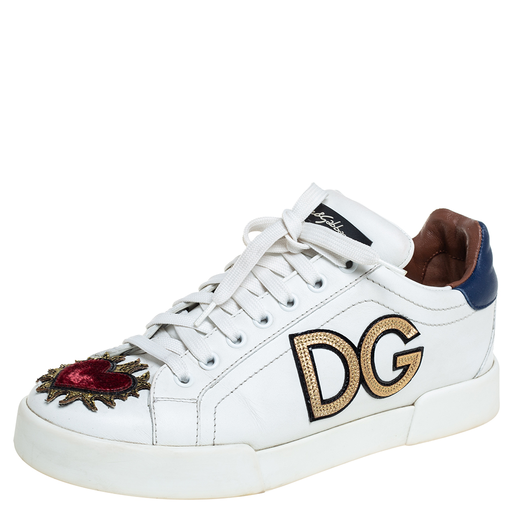 Dolce & Gabbana White Leather Sacred Heart Low Top Sneakers Size 38.5