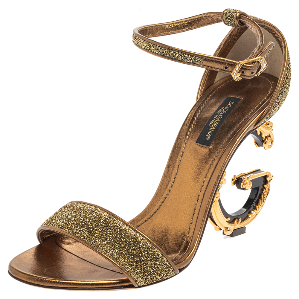 Dolce & Gabbana Gold Lurex Fabric Barocco Sculpture Heel Sandals Size 37