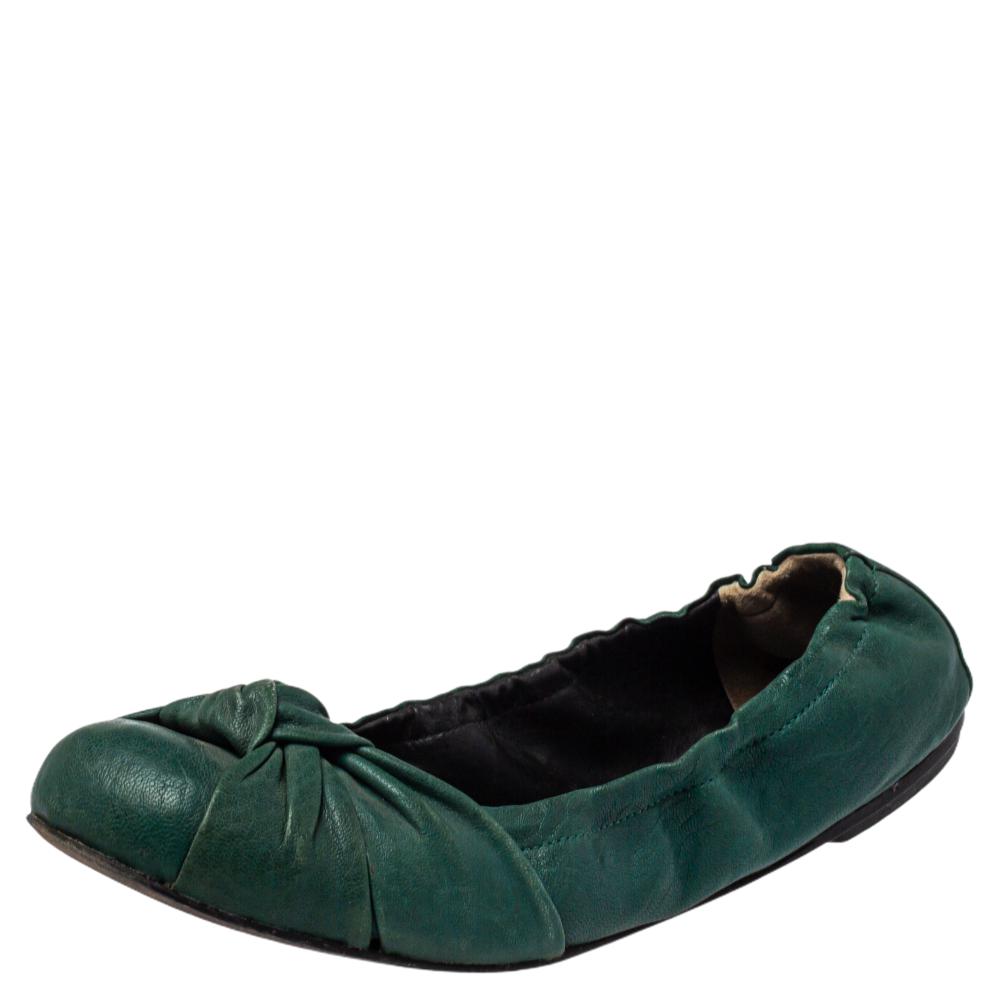 Dolce & Gabbana Green Leather Bow Scrunch Ballet Flats Size 39