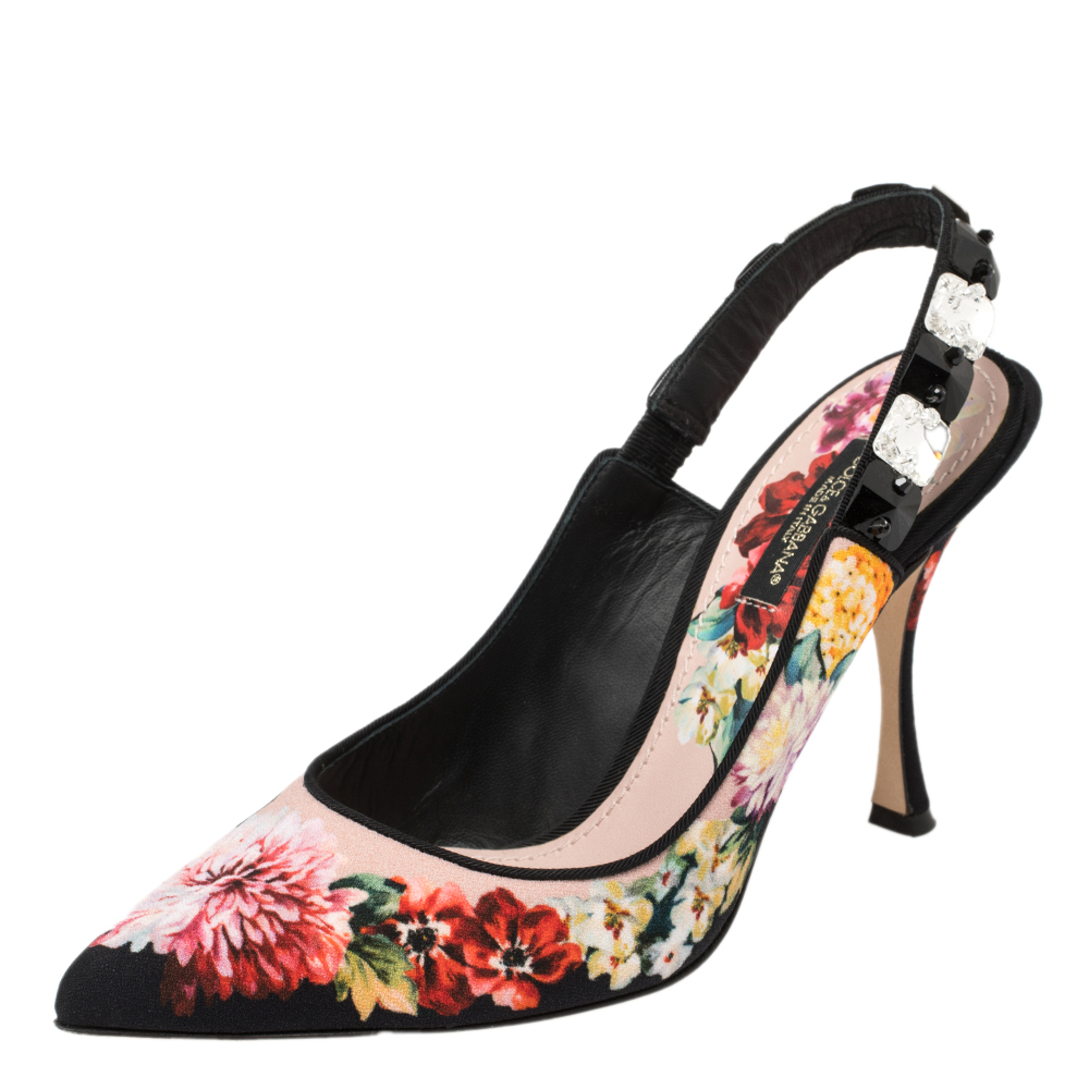 Dolce & Gabbana Multicolor Floral Fabric Crystal Embellished Slingback Sandals Size 37