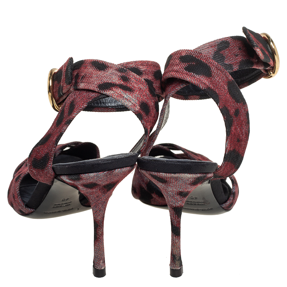Dolce & Gabbana Multicolor Leopard Print Fabric Cross Detail Ankle Strap Sandals Size 40