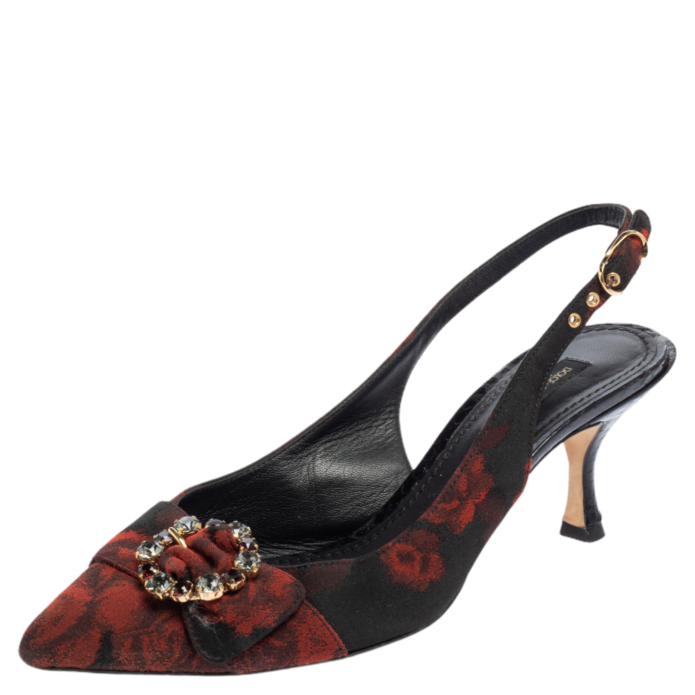 Dolce & Gabbana Black/Red Brocade Floral Fabric Crystal Embellished Slingback Sandals Size 38.5