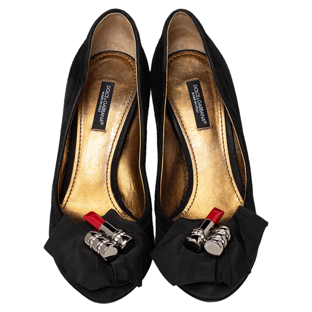 Dolce & Gabbana Black Suede And Fabric Embellished Bow Pumps Size 36