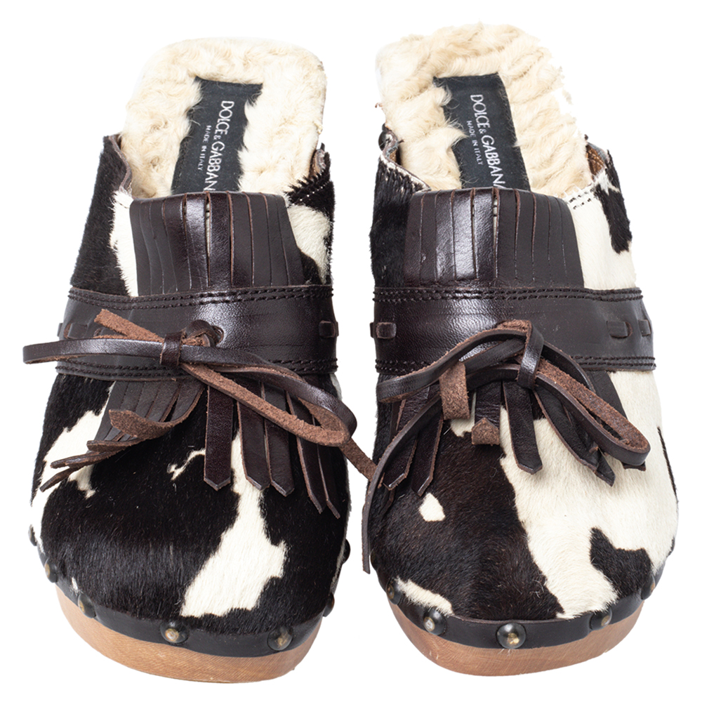 Dolce & Gabbana Brown Calf Hair And Leather Bow Fringe Detail Wooden Clogs Size 39