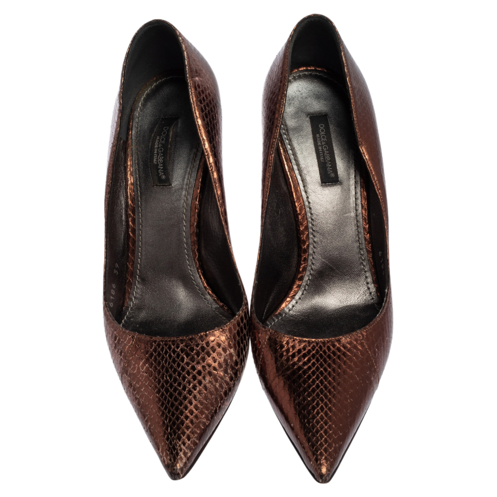 Dolce And Gabbana Metallic Bronze Python Embossed Leather Pumps Size 39