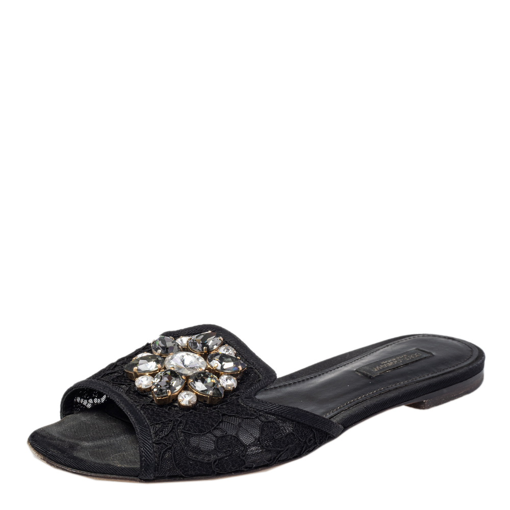 Dolce & Gabbana Black Lace Bianca Crystal Embellished Slide Flats Size 37