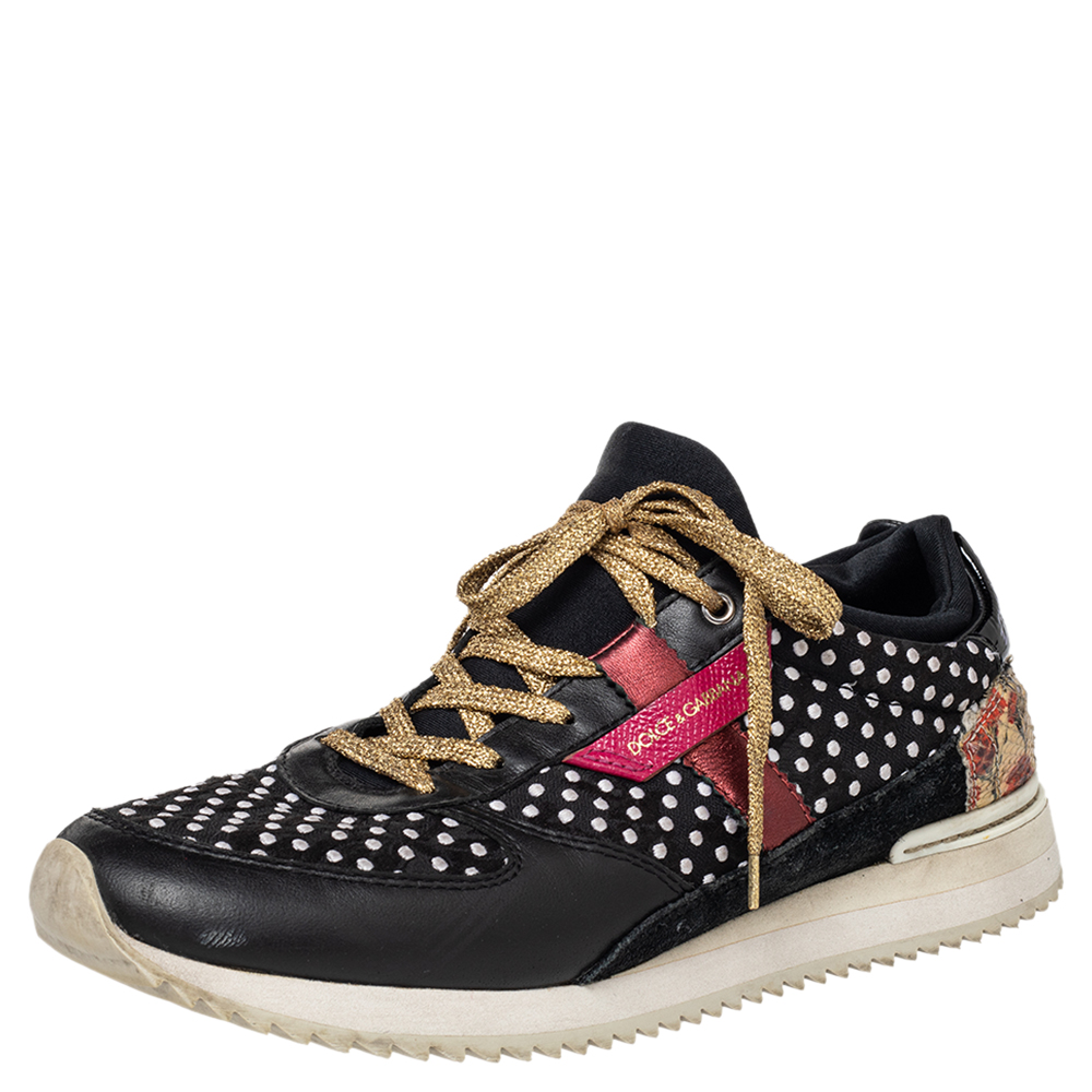 Dolce & Gabbana Black/White Leather/Python/Suede And Polka Dot Fabric Low Top Sneakers Size 39.5