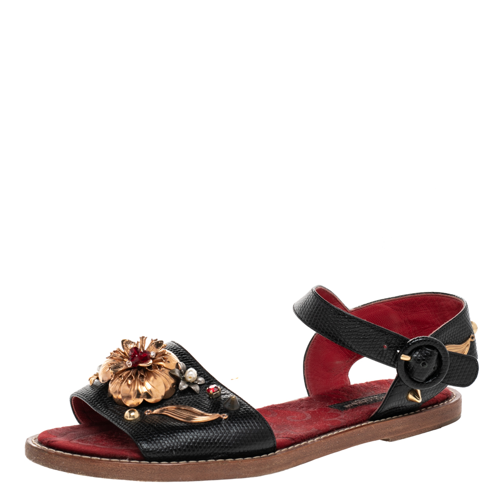 Dolce & Gabbana Lizard Embossed Leather Embellished Ankle Strap Flat Sandals Size 36