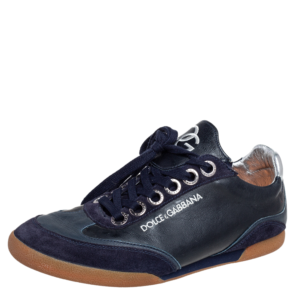 Dolce & Gabbana Navy Blue Leather and Suede Lace Up Sneakers Size 40