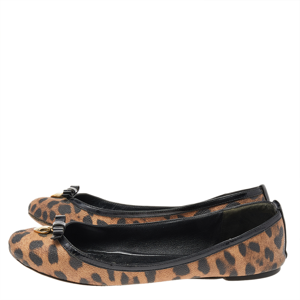 Dolce & Gabbana Brown Leopard Print Coated Canvas Bow Detail Ballet Flats Size 37