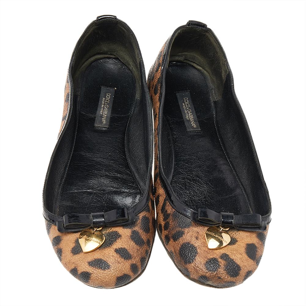 Dolce & Gabbana Brown Leopard Print Coated Canvas Bow Detail Ballet Flats Size 37