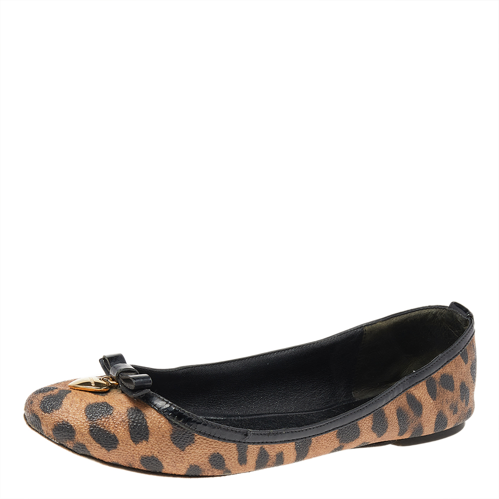 Dolce & gabbana brown leopard print coated canvas bow detail ballet flats size 37