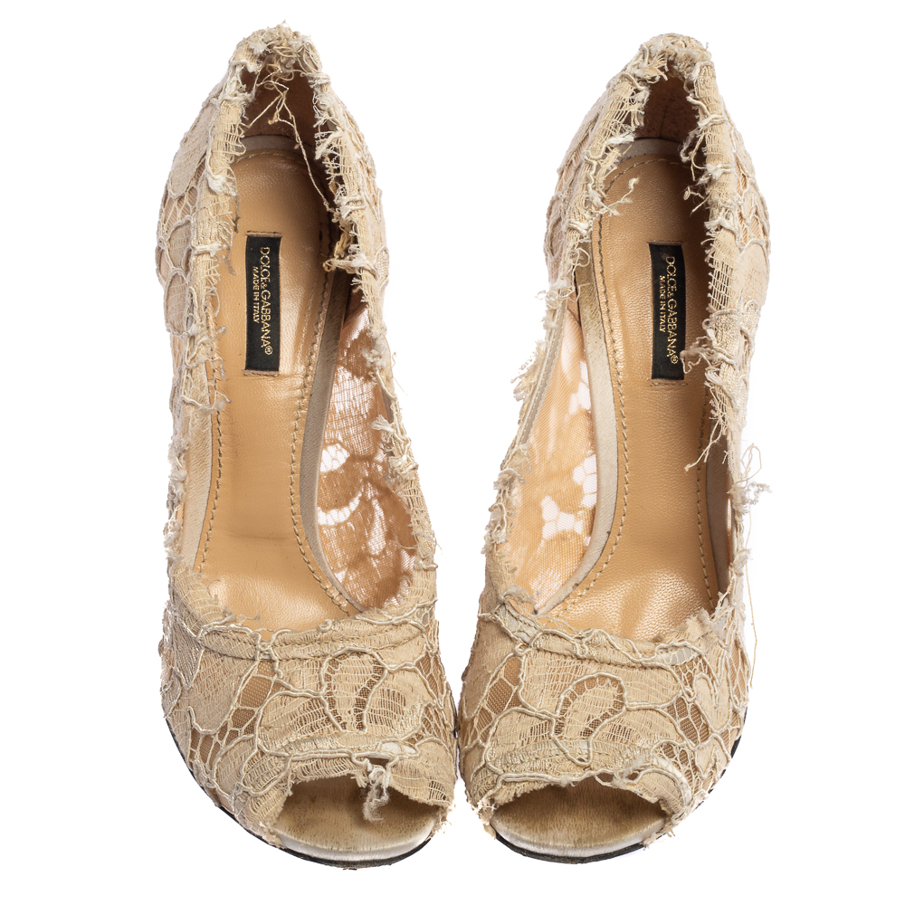 Dolce & Gabbana Beige Lace Peep Toe Pumps Size 37.5
