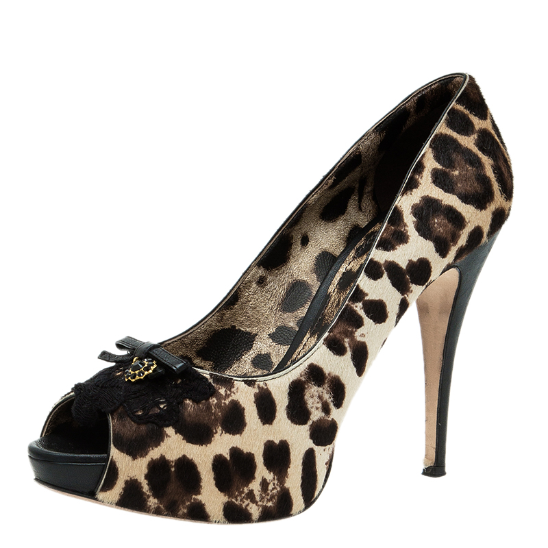 Dolce & gabbana beige leopard print pony hair bow peep toe pumps size 40