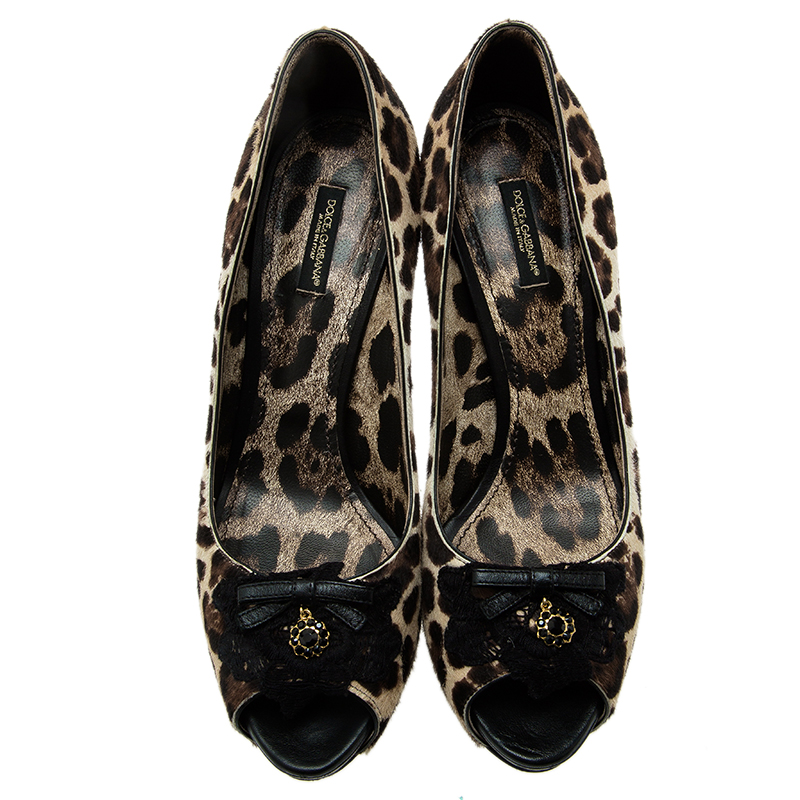 Dolce & Gabbana Beige Leopard Print Pony Hair Bow Peep Toe Pumps Size 40