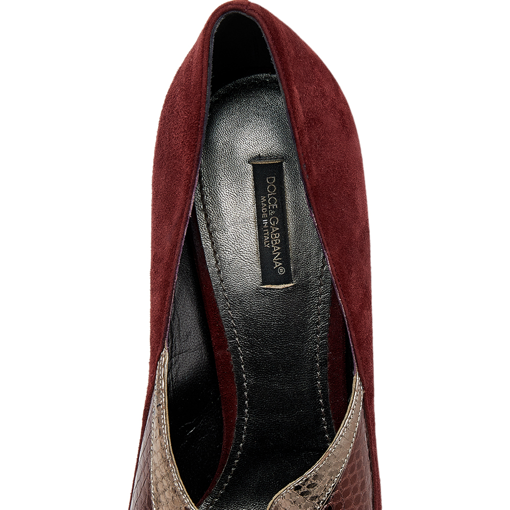 Dolce & Gabbana Burgundy/Brown Suede And Python Embossed Leather Pointed Toe Pumps Size 41
