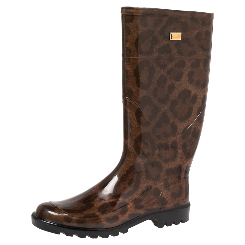 Dolce & Gabbana Brown Leopard Print Rubber Mid Rain Boots Size 40