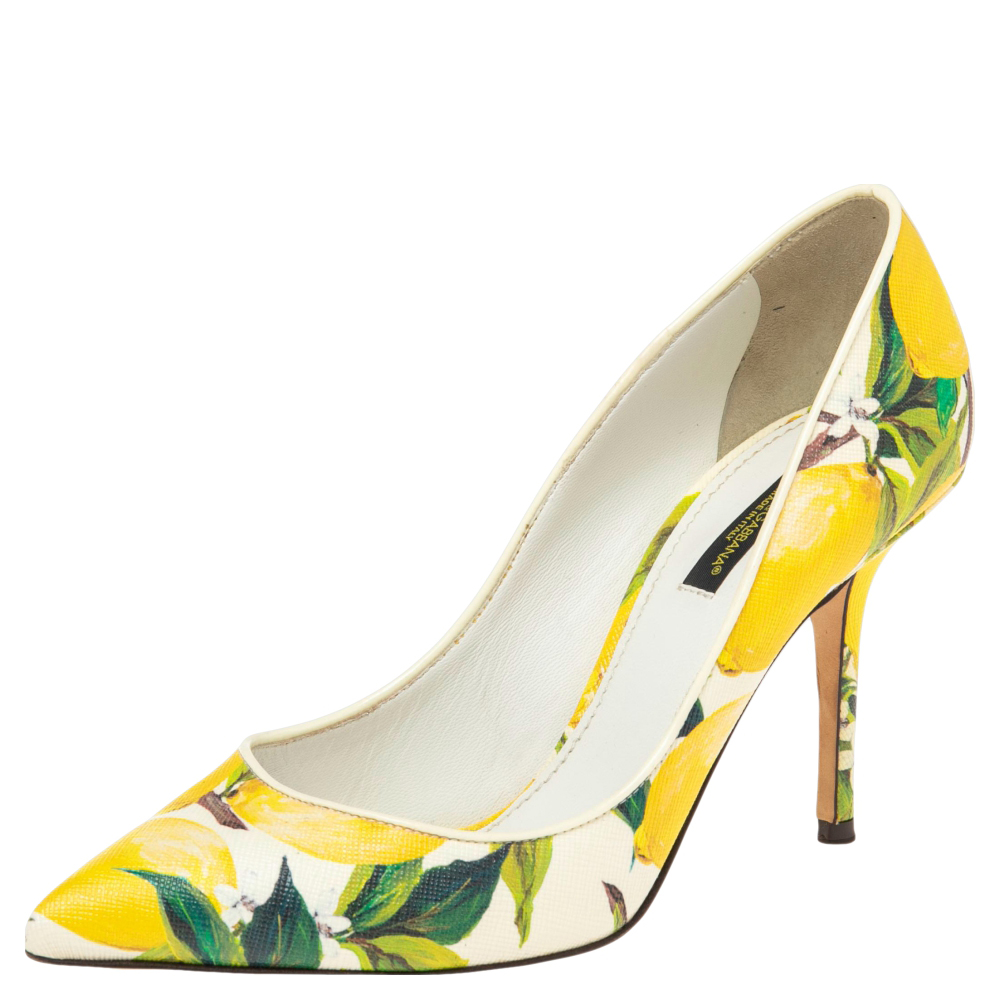 Dolce & Gabbana Multicolor Lemon Print Coated Canvas Pointed Toe Pumps Size 38