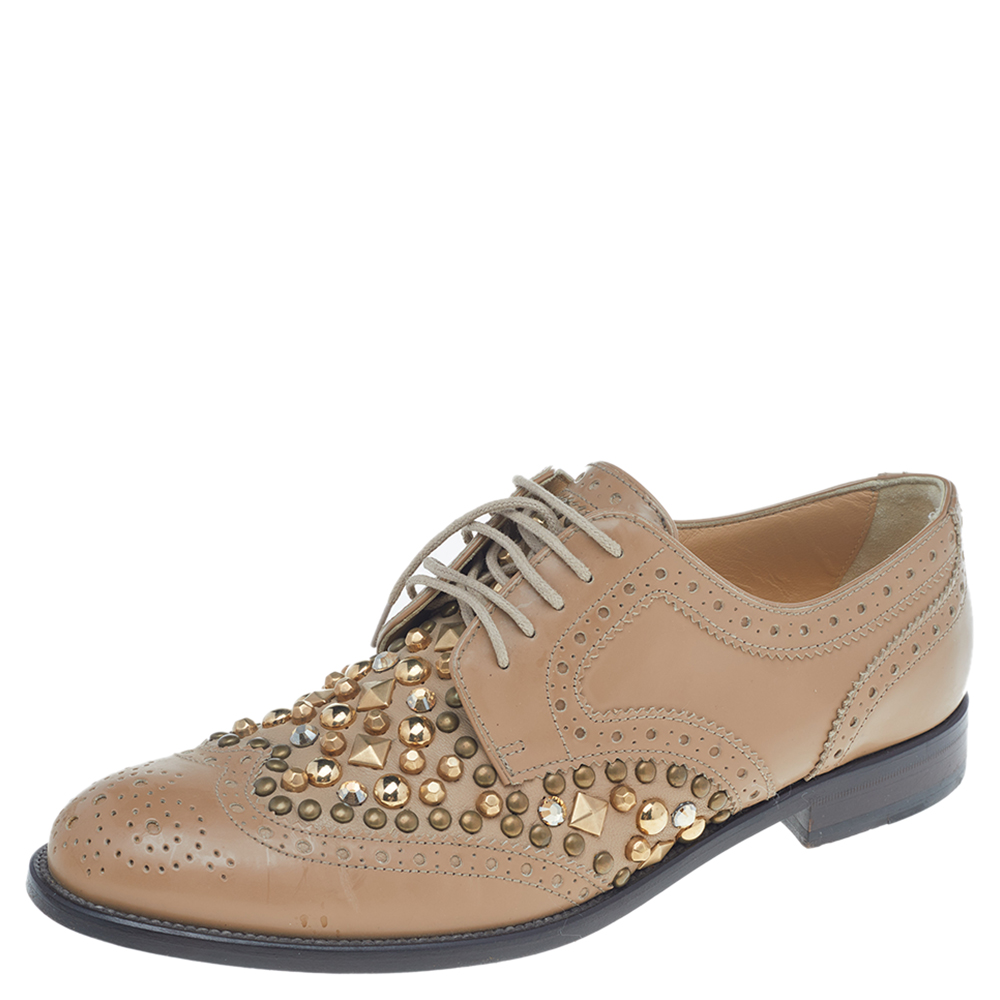 Dolce & Gabbana Tan Studded Brogue Leather Derby Shoes Size 38