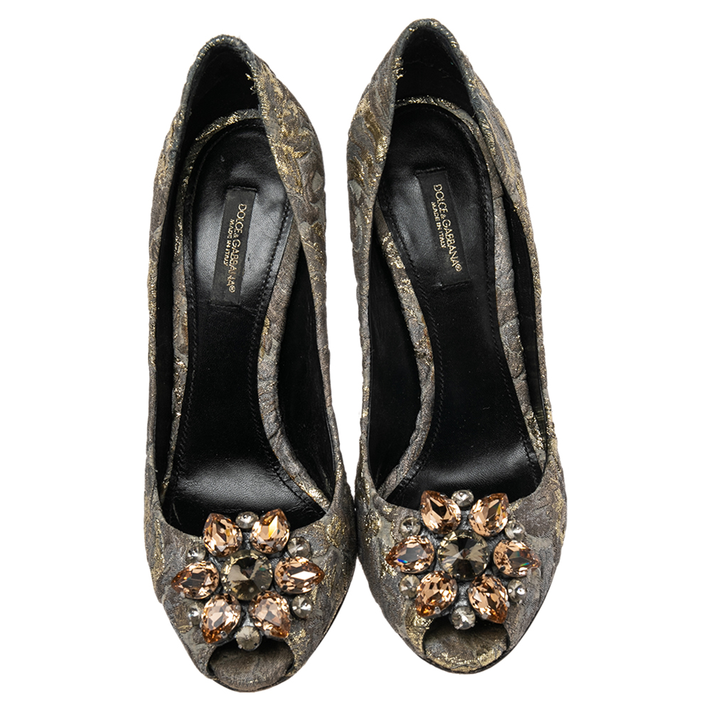 Dolce & Gabbana Gold/Grey Lurex Fabric Floral Bellucci Crystal Embellished Pumps Size 37