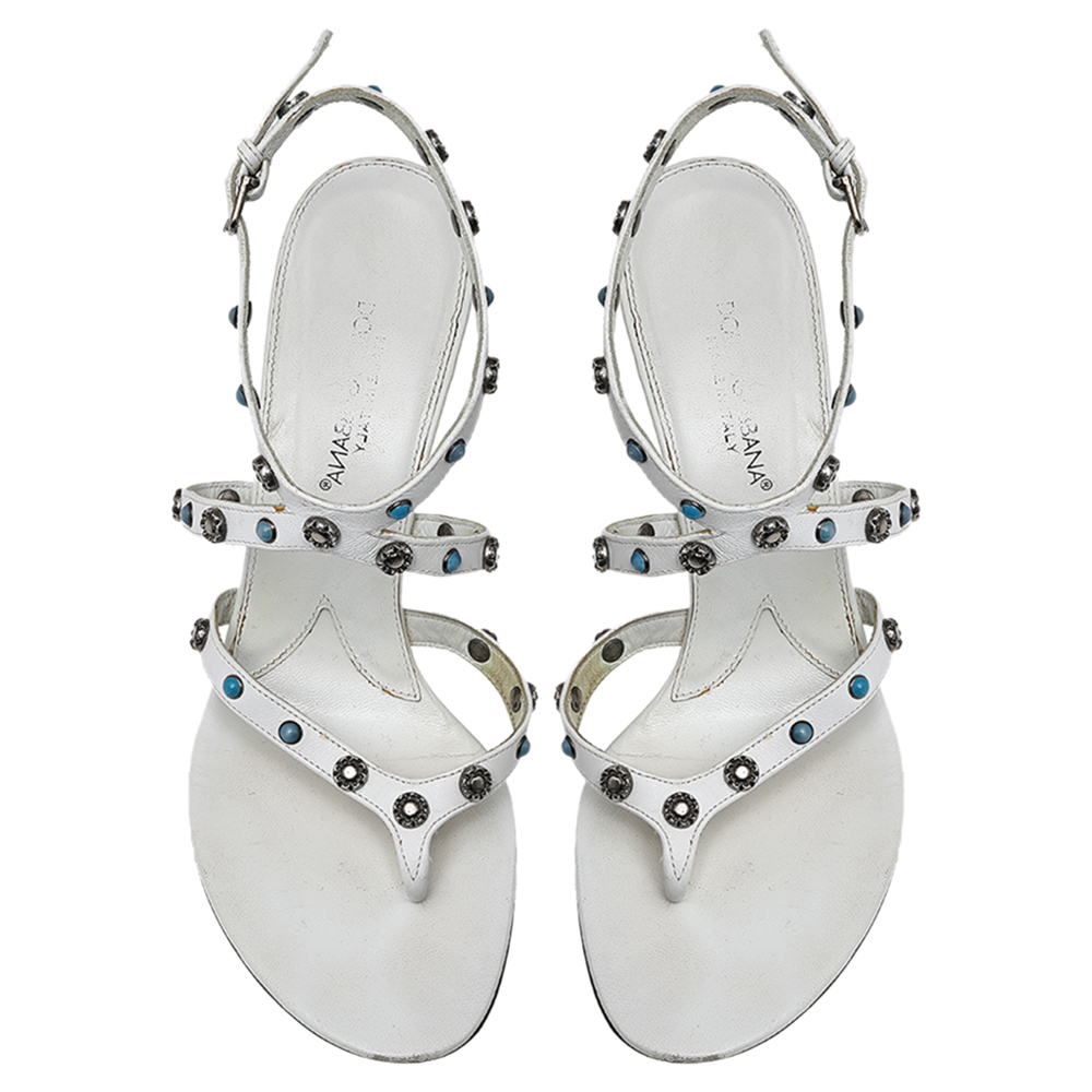 Dolce & Gabbana White Leather Embellished Ankle Strap Sandals Size  38.5