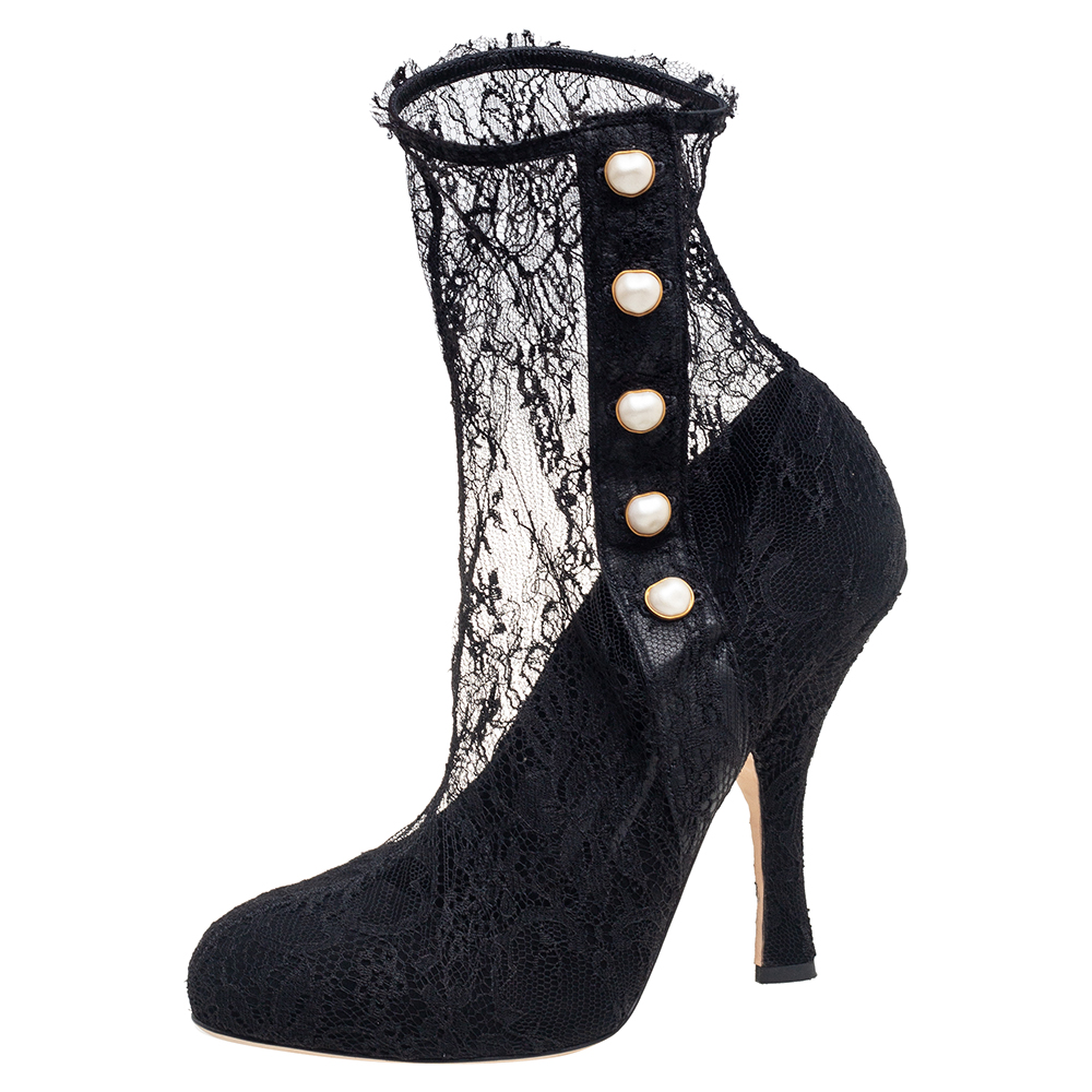 Dolce & Gabbana Black Lace Stretch Ankle Boots Size 40