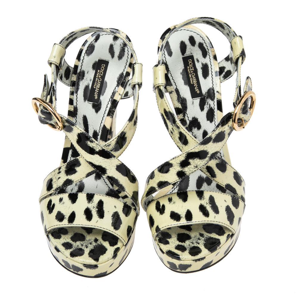 Dolce & Gabbana Yellow/Black Animal Print Patent Leather Cross Strap Platform Sandals Size 39