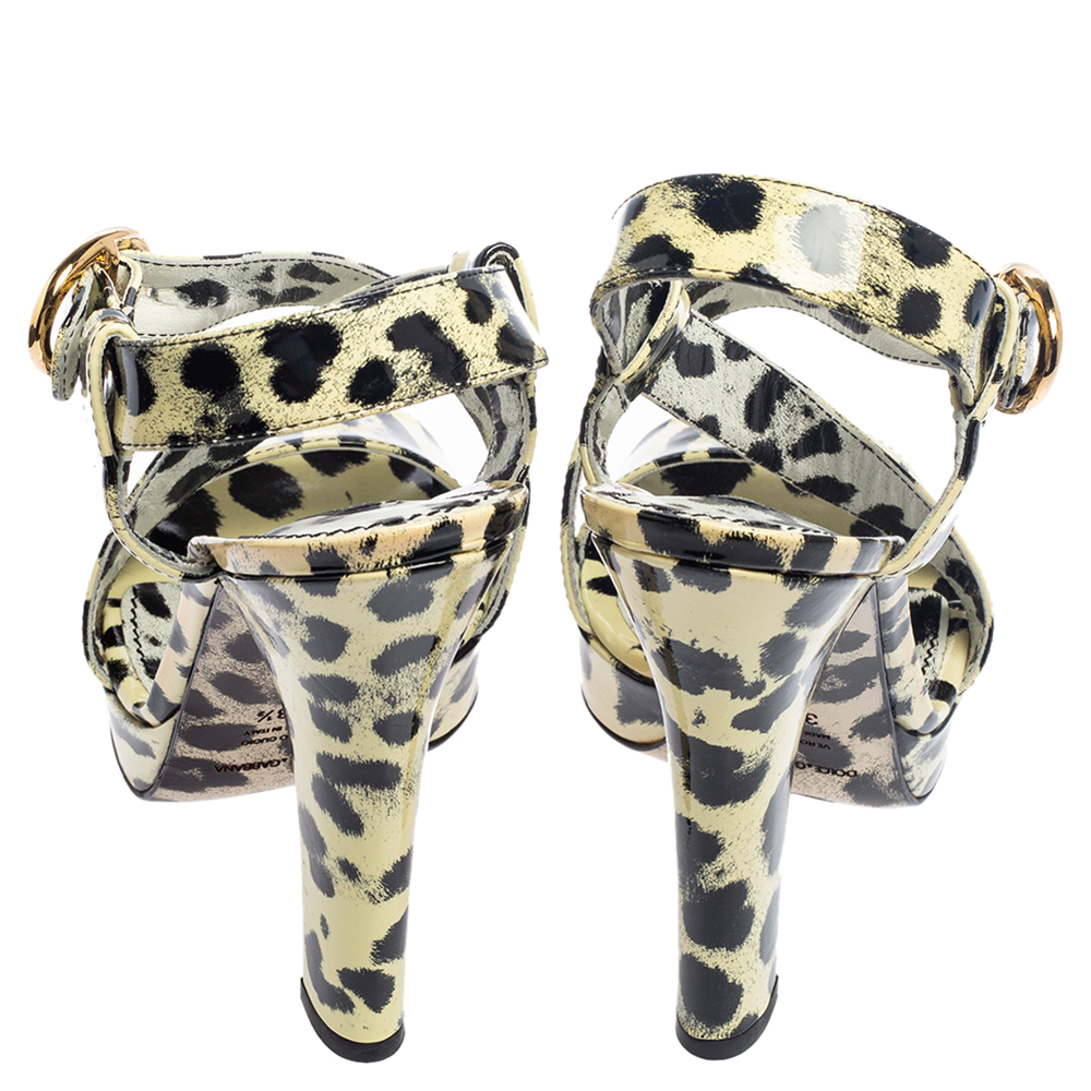 Dolce & Gabbana Yellow/Black Animal Print Patent Leather Cross Strap Platform Sandals Size 38.5
