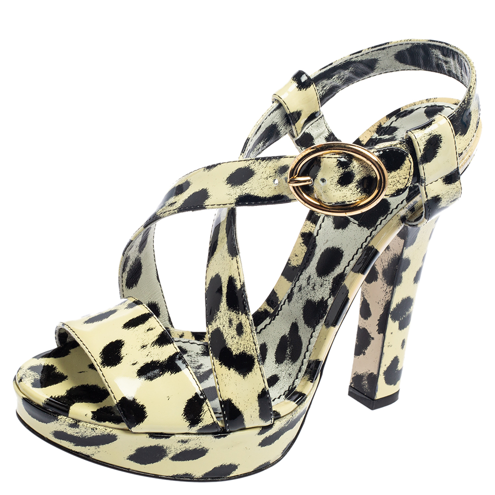 Dolce & Gabbana Yellow/Black Animal Print Patent Leather Cross Strap Platform Sandals Size 38.5