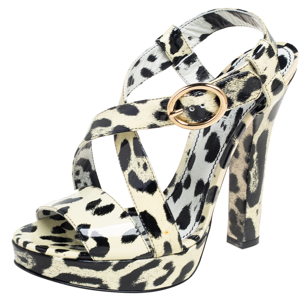 Dolce & Gabbana Cream/Black Patent Leather Leopard Print Ankle Strap Platform Sandals Size 40