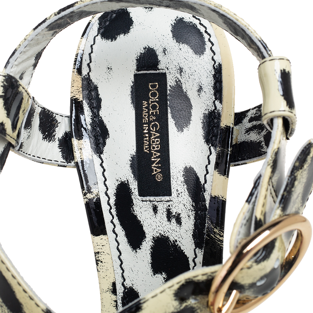 Dolce & Gabbana Cream/Black Patent Leather Leopard Print Ankle Strap Platform Sandals Size 40