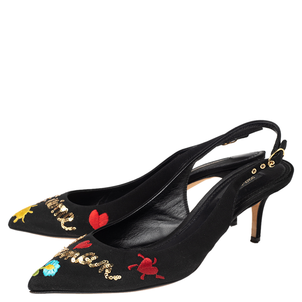 Dolce & Gabbana Black Canvas Embroidered Sequinned Slingback Pumps Size 39