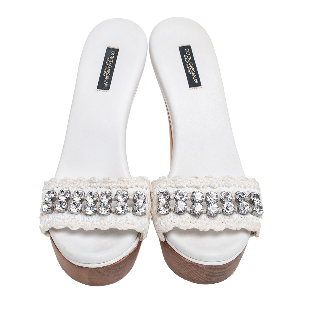 Dolce & Gabbana White Crochet Fabric Crystal Embellished Wooden Platform Sandals Size 38