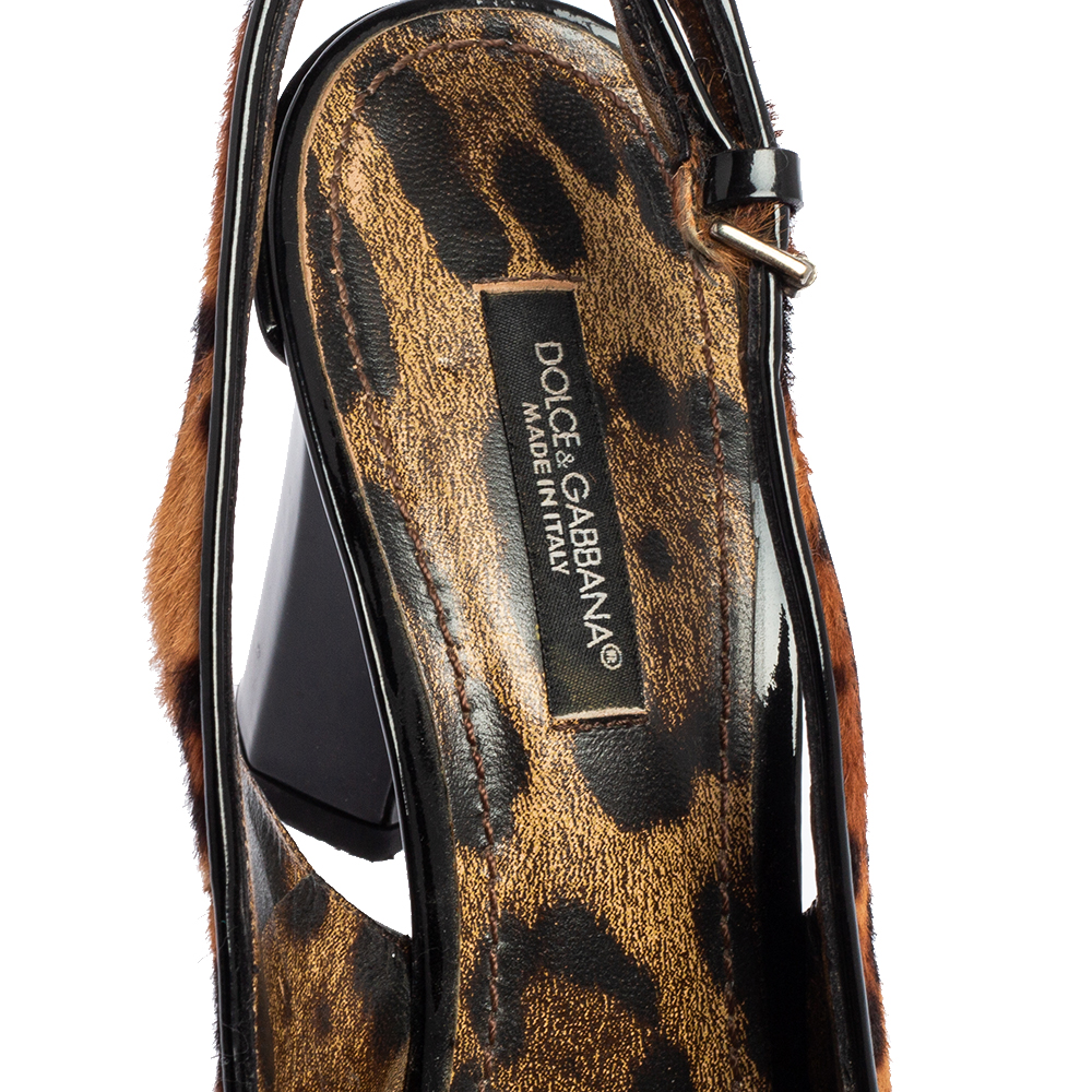 Dolce & Gabbana Brown/Black Leopard Calf Hair And Patent Leather Buckle Slingback Pumps Size 37.5