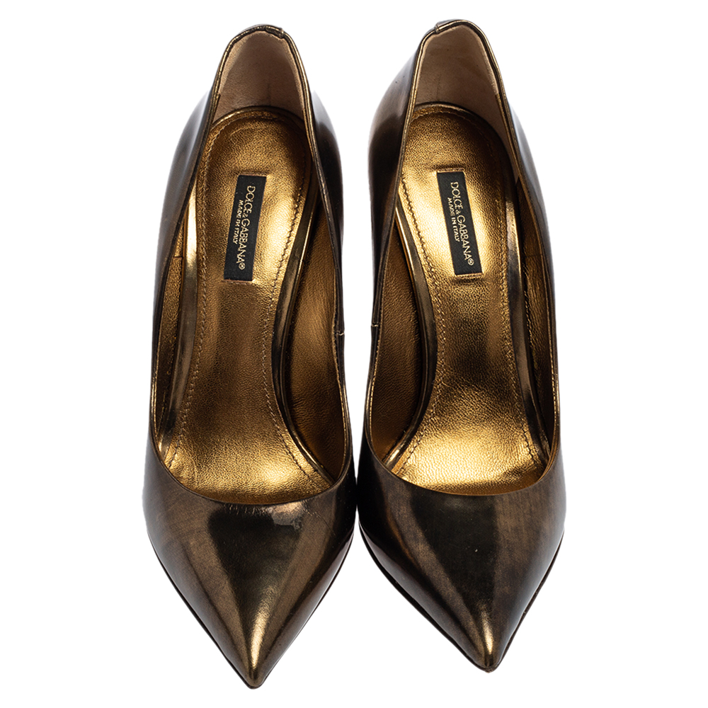 Dolce & Gabbana Metallic Gold Leather Crystal Embellished Heels Pointed Toe Pumps Size 38