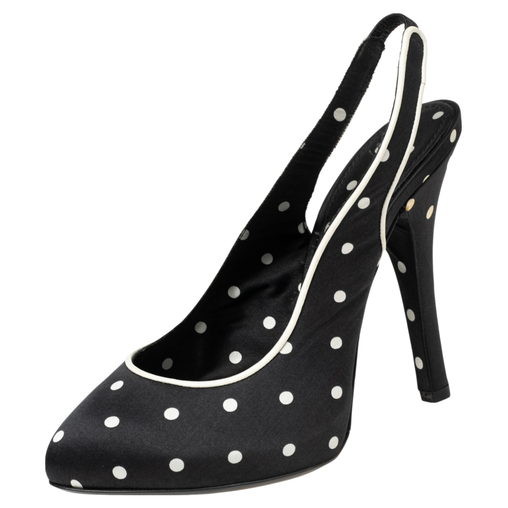 Dolce & gabbana black satin polka dot slingback sandals size 38