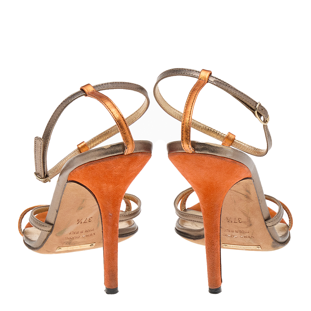 Dolce & Gabbana Metallic Orange/Gold Leather Ankle Strap Sandals Size 37.5