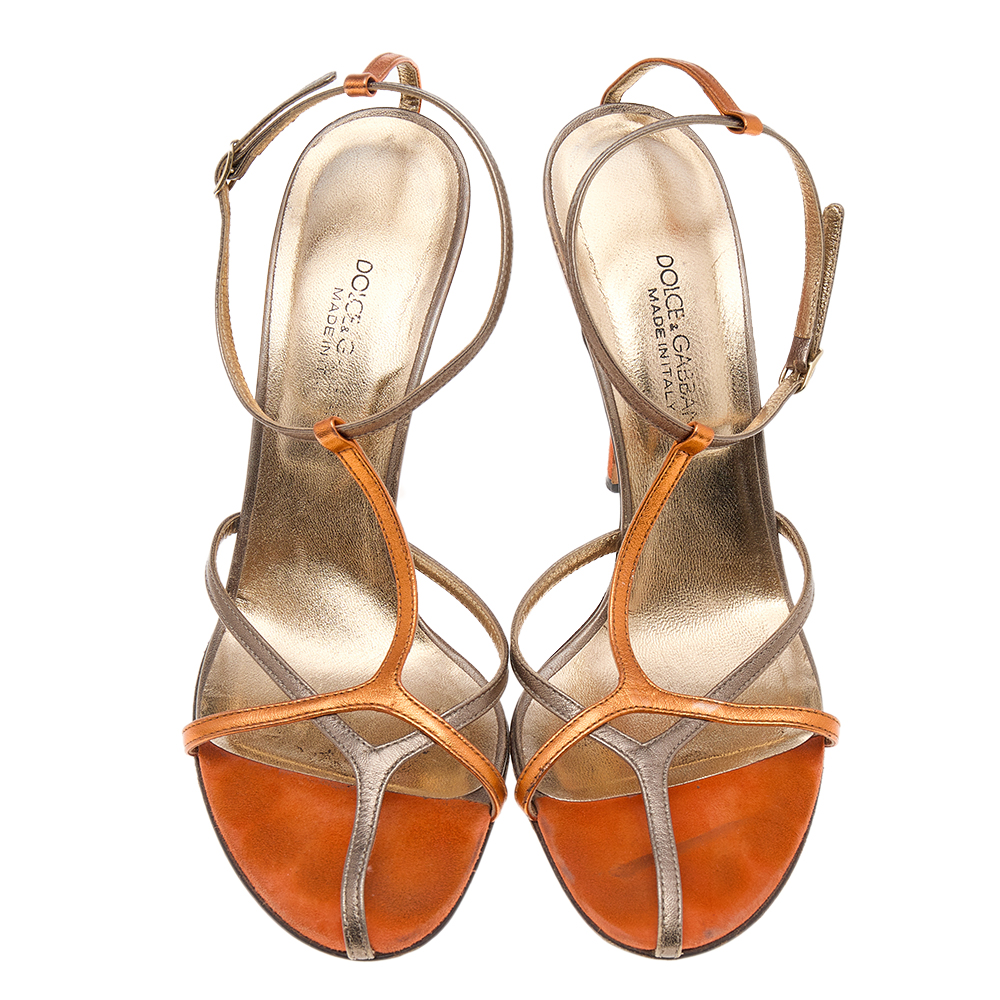 Dolce & Gabbana Metallic Orange/Gold Leather Ankle Strap Sandals Size 37.5