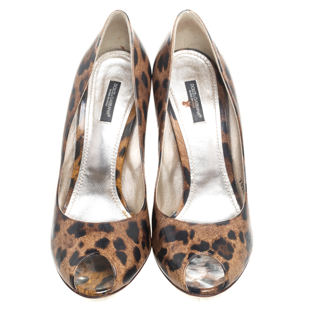 Dolce & Gabbana Brown/Black Leopard Print Leather Peep-Toe Pumps Size 41