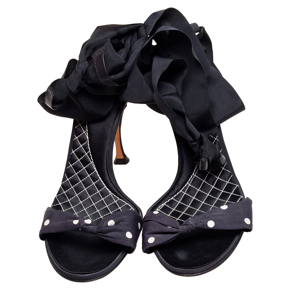 Dolce & Gabbana Navy Blue/Black Polka Dot Knotted Fabric Ankle-Wrap Sandals Size 40.5