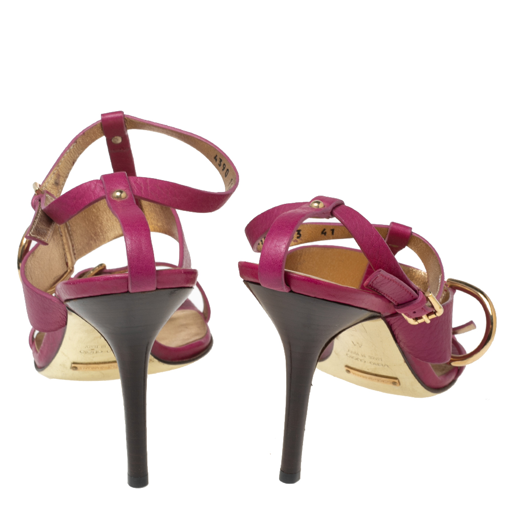 Dolce & Gabbana Pink Leather Buckle Details T-Strap Sandals Size 41