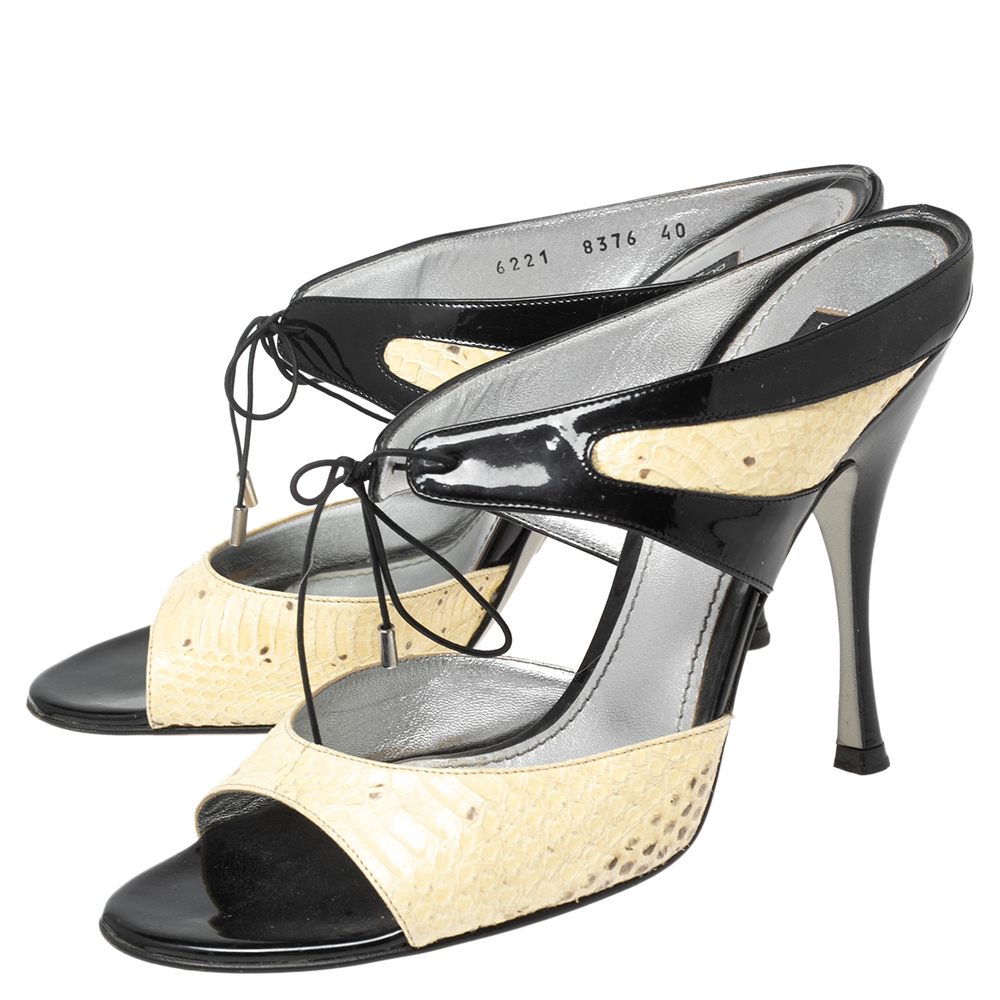 Dolce & Gabbana Black/Beige Patent And Python Leather Open Toe Sandals Size 40