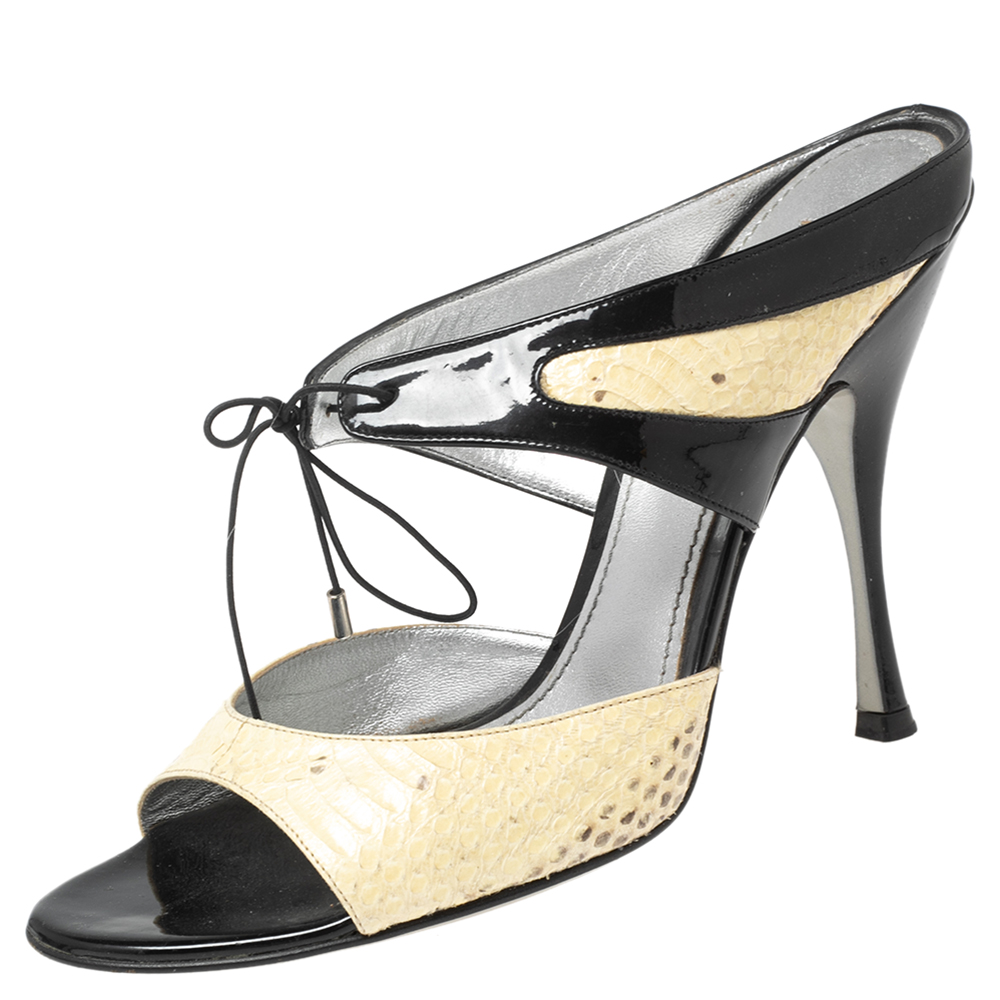 Dolce & gabbana black/beige patent and python leather open toe sandals size 40