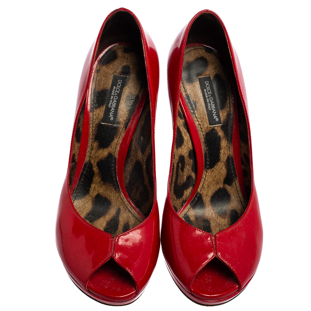 Dolce & Gabbana Red Patent Leather Peep-Toe Platform Pumps Size 36.5