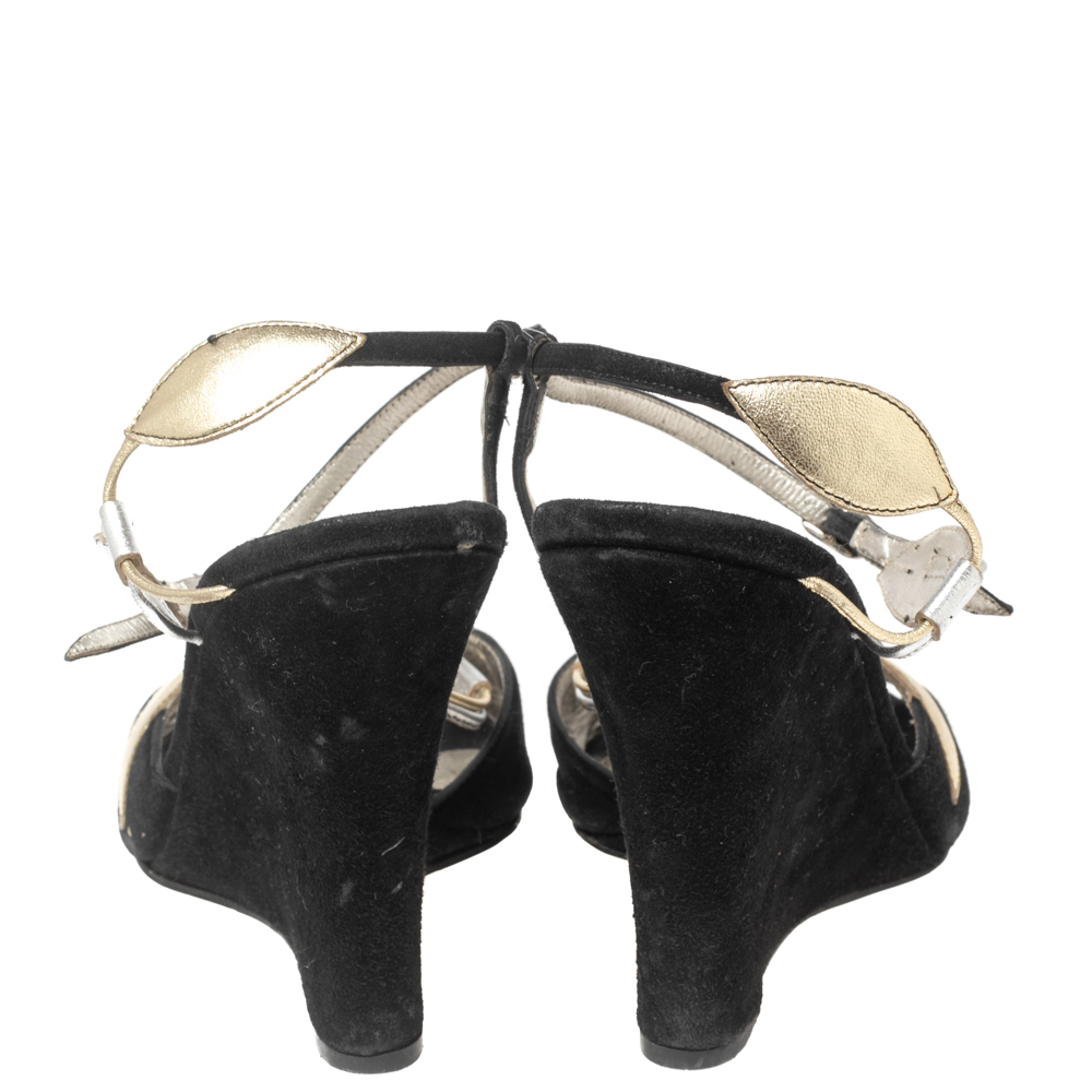 Dolce & Gabbana Black Suede And Metallic Leaf Applique Leather Wedge Sandals Size 39