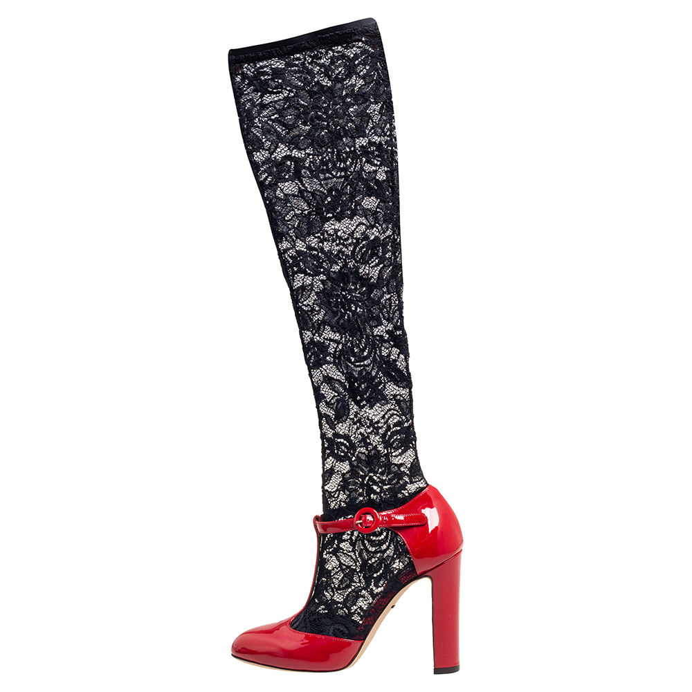 Dolce & Gabbana Red/Black Patent Leather and Lace Socks Ankle-Strap Pumps Size
Dolce & Gabbana Red/Black Patent Leather and Lace Socks Ankle-Strap Pumps Size