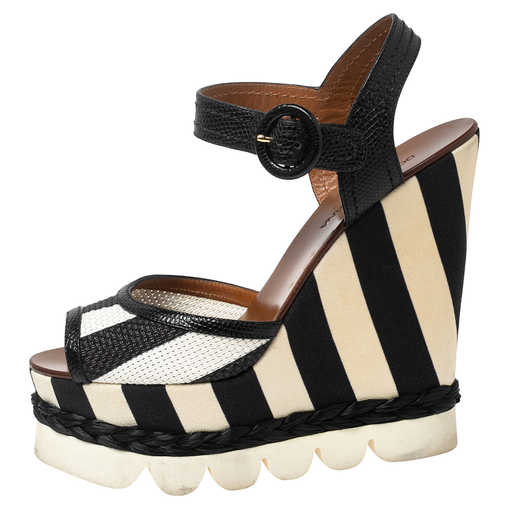 

Dolce & Gabbana Monochrome Leather And Lizard Embossed Leather Ankle Strap Platform Wedge Sandals Size, Black