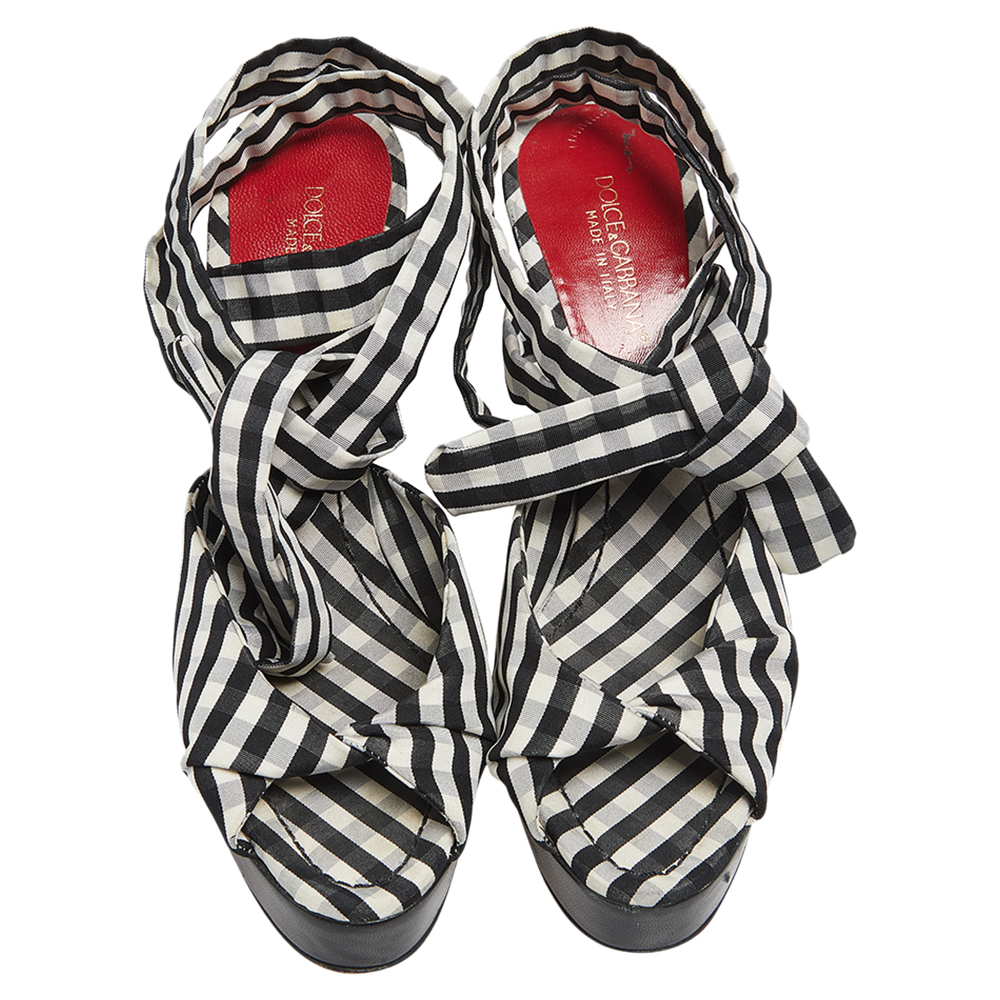 Dolce & Gabbana Black/White Canvas Platform Ankle Wrap Sandals Size 37