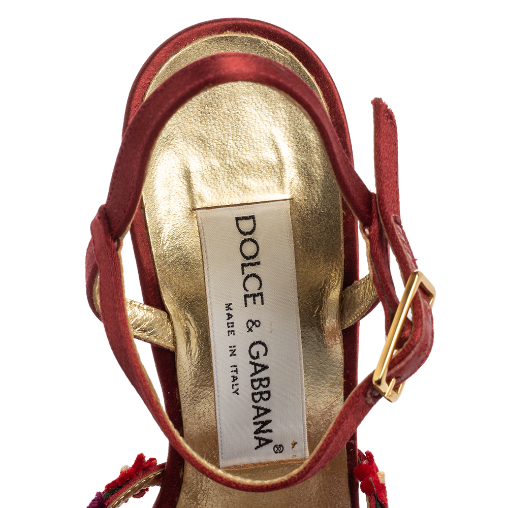 Dolce & Gabbana Red Satin Flower Strappy Sandals Size 35.5